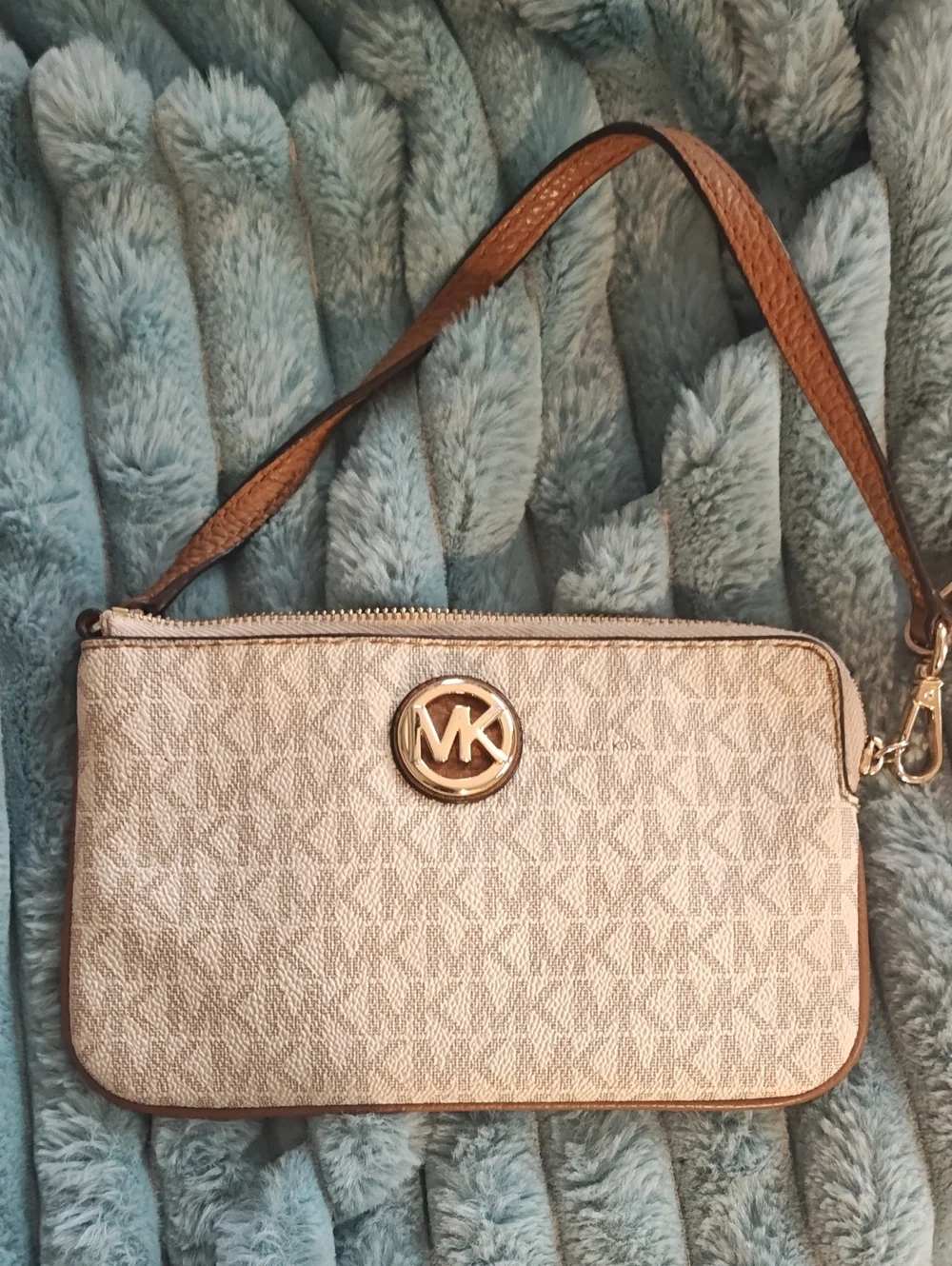 Michael Kors Cream Logo Wristlet Clutch with Brown Strap